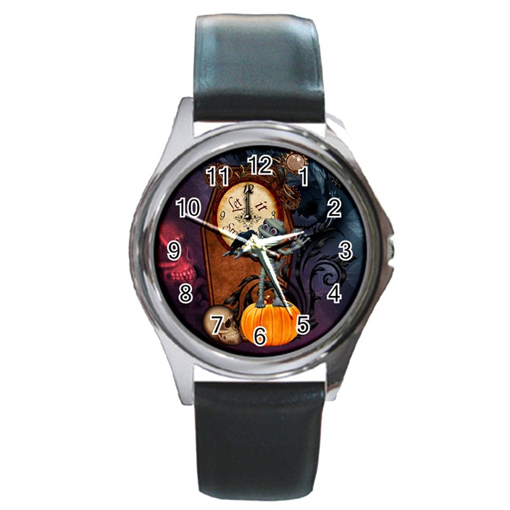 Funny Mummy With Skulls, Crow And Pumpkin Round Metal Watch