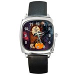 Funny Mummy With Skulls, Crow And Pumpkin Square Metal Watch Front