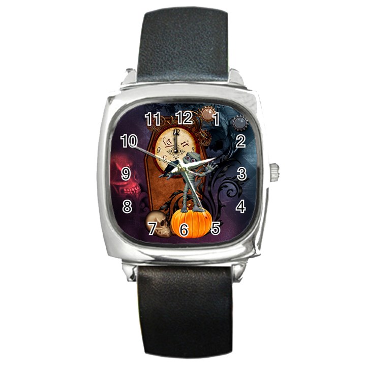 Funny Mummy With Skulls, Crow And Pumpkin Square Metal Watch