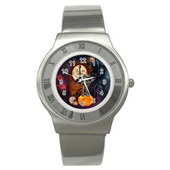 Funny Mummy With Skulls, Crow And Pumpkin Stainless Steel Watch by FantasyWorld7