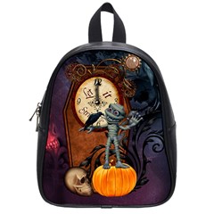 Funny Mummy With Skulls, Crow And Pumpkin School Bag (small) by FantasyWorld7