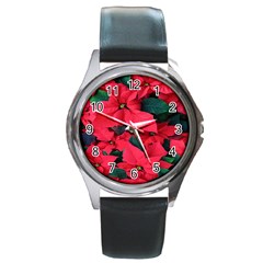 Red Poinsettia Flower Round Metal Watch