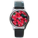 Red Poinsettia Flower Round Metal Watch Front