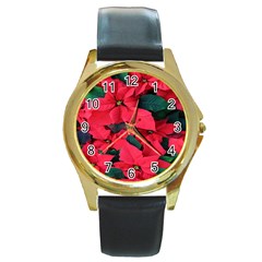 Red Poinsettia Flower Round Gold Metal Watch