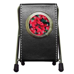 Red Poinsettia Flower Pen Holder Desk Clocks