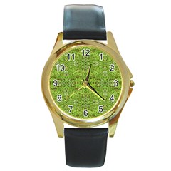 Digital Nature Collage Pattern Round Gold Metal Watch by dflcprints