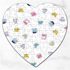 Tea Cup Mug Dringking Yellow Blue Grey Polka Dots Jigsaw Puzzle (heart) by Mariart