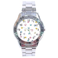 Tea Cup Mug Dringking Yellow Blue Grey Polka Dots Stainless Steel Analogue Watch