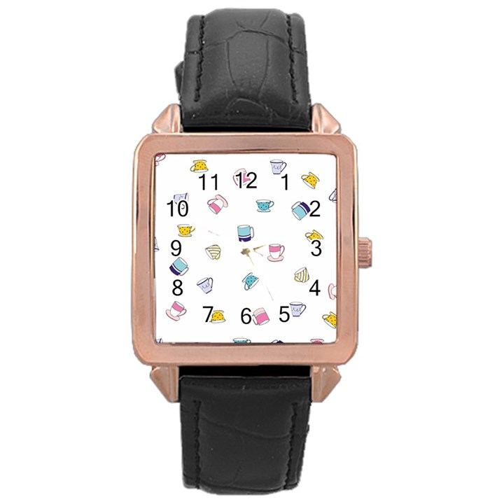 Tea Cup Mug Dringking Yellow Blue Grey Polka Dots Rose Gold Leather Watch 