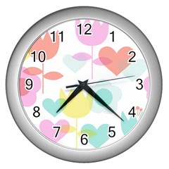 Tulip Lotus Sunflower Flower Floral Staer Love Pink Red Blue Green Wall Clocks (silver) 