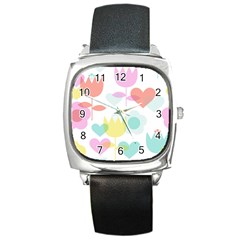 Tulip Lotus Sunflower Flower Floral Staer Love Pink Red Blue Green Square Metal Watch by Mariart