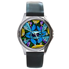 Star Polka Natural Blue Yellow Flower Floral Round Metal Watch