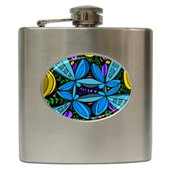 Star Polka Natural Blue Yellow Flower Floral Hip Flask (6 Oz)