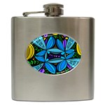 Star Polka Natural Blue Yellow Flower Floral Hip Flask (6 oz) Front