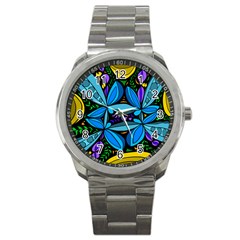 Star Polka Natural Blue Yellow Flower Floral Sport Metal Watch