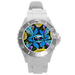 Star Polka Natural Blue Yellow Flower Floral Round Plastic Sport Watch (l)