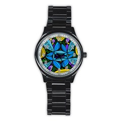 Star Polka Natural Blue Yellow Flower Floral Stainless Steel Round Watch