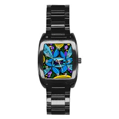 Star Polka Natural Blue Yellow Flower Floral Stainless Steel Barrel Watch