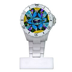 Star Polka Natural Blue Yellow Flower Floral Plastic Nurses Watch