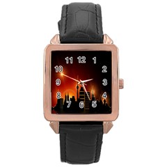 Gold Golden Skyline Skyscraper Rose Gold Leather Watch  by BangZart