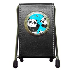 Cute Pandas Pen Holder Desk Clocks by Valentinaart