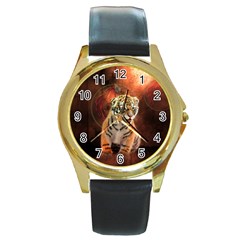 Cute Little Tiger Baby Round Gold Metal Watch by FantasyWorld7