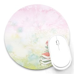 Romantic Watercolor Books And Flowers Round Mousepads by paulaoliveiradesign