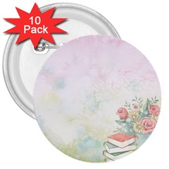 Romantic Watercolor Books And Flowers 3  Buttons (10 Pack)  by paulaoliveiradesign