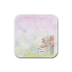 Romantic Watercolor Books And Flowers Rubber Square Coaster (4 Pack)  by paulaoliveiradesign