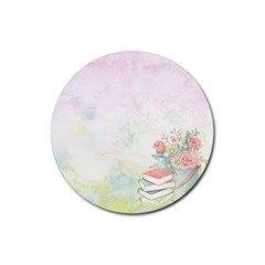 Romantic Watercolor Books And Flowers Rubber Coaster (round)  by paulaoliveiradesign