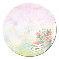 Romantic Watercolor Books And Flowers Magnet 5  (round) by paulaoliveiradesign