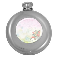 Romantic Watercolor Books And Flowers Round Hip Flask (5 Oz) by paulaoliveiradesign