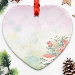 Romantic Watercolor Books And Flowers Heart Ornament (two Sides)