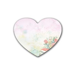 Romantic Watercolor Books And Flowers Rubber Coaster (heart)  by paulaoliveiradesign