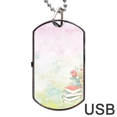 Romantic Watercolor Books And Flowers Dog Tag Usb Flash (one Side) by paulaoliveiradesign