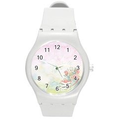 Romantic Watercolor Books And Flowers Round Plastic Sport Watch (m) by paulaoliveiradesign