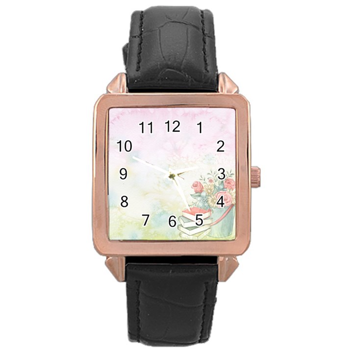 Romantic Watercolor Books and Flowers Rose Gold Leather Watch 