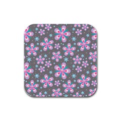 Seamless Pattern Purple Girly Floral Pattern Rubber Square Coaster (4 Pack)  by paulaoliveiradesign