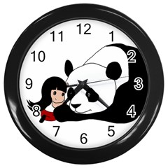 Girl And Panda Wall Clocks (black) by Valentinaart