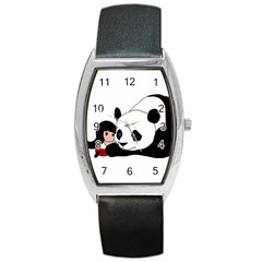 Girl And Panda Barrel Style Metal Watch by Valentinaart