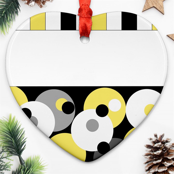 Black, Gray, Yellow Stripes and Dots Heart Ornament (Two Sides)