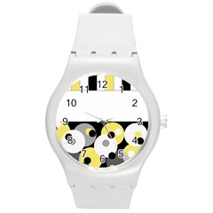 Black, Gray, Yellow Stripes And Dots Round Plastic Sport Watch (m) by digitaldivadesigns