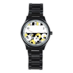 Black, Gray, Yellow Stripes And Dots Stainless Steel Round Watch by digitaldivadesigns