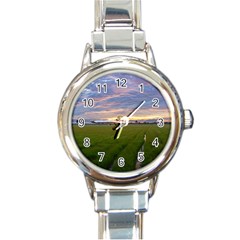 Landscape Sunset Sky Sun Alpha Round Italian Charm Watch by Nexatart