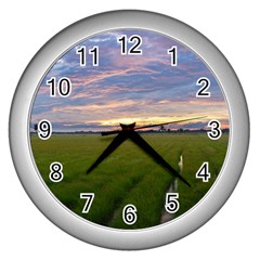 Landscape Sunset Sky Sun Alpha Wall Clocks (silver)  by Nexatart