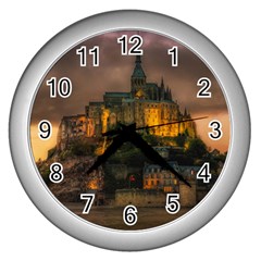 Mont St Michel Sunset Island Church Wall Clocks (silver)  by Nexatart