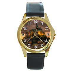 Mont St Michel Sunset Island Church Round Gold Metal Watch by Nexatart