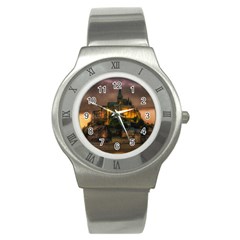 Mont St Michel Sunset Island Church Stainless Steel Watch by Nexatart