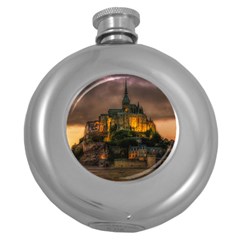 Mont St Michel Sunset Island Church Round Hip Flask (5 Oz) by Nexatart