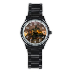 Mont St Michel Sunset Island Church Stainless Steel Round Watch by Nexatart